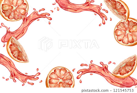 Frame of grapefruit segments and juice splash watercolor illustration isolated on background. Ripe citrus fruits slices and halves hand painted. Fresh juicy tropical fruits drawing on border. 121545753