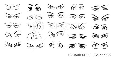 Anime eye. Manga face. Male cartoon character. Emotion expression. Japan boy. Woman winking. Man anger. Female beauty. Girl eyebrow. Asian facial shapes. Vector kawaii comic elements set 121545800