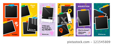 Photo template. Social media insta frame, fashion day flyer or photography concept. Love sticker in phone. Empty space for image. Abstract colorful background. Picture border. Vector mockup Photo template. Social media insta frame, fashion day flyer or photography concept. Love sticker in phone. Empty space for image. Abstract colorful background. Picture border. Vector mockup 121545809