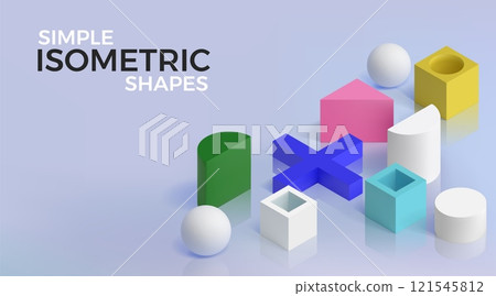 3D isometric shapes. Geometric background. Technology block cube. Abstract gradient platform. Plastic figures. Color sphere and cylinder. Glossy surface reflection. Vector poster design 121545812