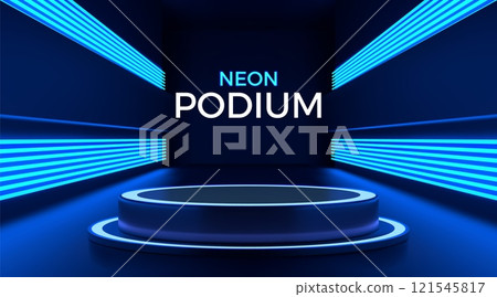 Podium background. Blue neon stage, 3d product platform for black glowing light sale game. Dark studio room. Empty marketing showcase. Promo product presentation pedestal. Vector design Podium background. Blue neon stage, 3d product platform for black glowing light sale game. Dark studio room. Empty marketing showcase. Promo product presentation pedestal. Vector design 121545817