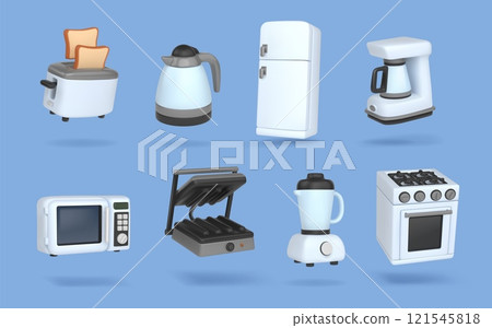 Kitchen icons. Home furniture. Electric microwave. Fridge and blender. 3D household appliance. Food preparation minimal elements. Domestic toaster and kettle. Vector cooking equipment set 121545818