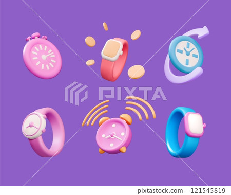 3D clock. Watch icon. Render timepiece. Alarm timer. Stopwatch and wristwatch. Cartoon smartwatch. Date or 24 hours countdown. Time management. Deadline counting. Vector symbols set 121545819