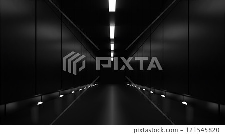 Black background. 3D dark room. Abstract garage or museum space interior. Showroom with perspective light. Podium glossy floor. Electric lamp. Perspective view. Vector render nightclub hall Black background. 3D dark room. Abstract garage or museum space interior. Showroom with perspective light. Podium glossy floor. Electric lamp. Perspective view. Vector render nightclub hall 121545820