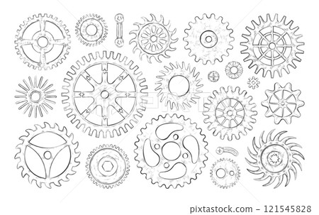Vintage gear. Old wheel sketch, hand drawn machine factory cogwheel, retro industry gearwheel mechanism. Business and education symbol. Development system sign. Vector isolated silhouette Vintage gear. Old wheel sketch, hand drawn machine factory cogwheel, retro industry gearwheel mechanism. Business and education symbol. Development system sign. Vector isolated silhouette 121545828