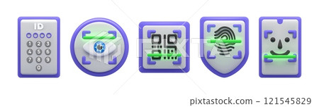 3D QR code. Biometric face scan. Cyber ID recognition. Authenticate scanner. Eye facial shield. Identification password. Fingerprint scanning. Digital protection. Vector render icons set 3D QR code. Biometric face scan. Cyber ID recognition. Authenticate scanner. Eye facial shield. Identification password. Fingerprint scanning. Digital protection. Vector render icons set 121545829