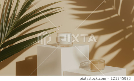 cream cosmetics for face in glass jar with palm leaves cream cosmetics for face in glass jar with palm leaves 121545983