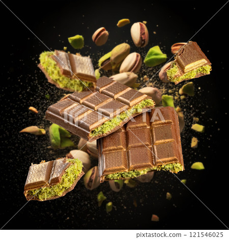 Tasty chocolate bars with pistachio filling 121546025