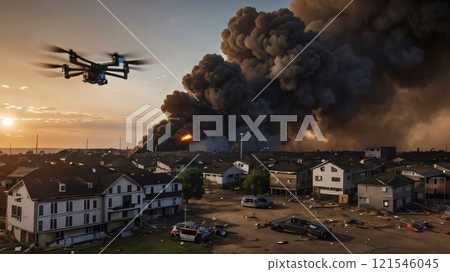 [16:9 version] Drone image: A drone photographing damage at disaster sites, with six arms 121546045