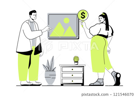 Auction business web concept with flat cartoon people for website design. Auctioneer selling art painting at gallery, woman collector bidding her price to lot for buying picture. Vector illustration. Auction business web concept with flat cartoon people for website design. Auctioneer selling art painting at gallery, woman collector bidding her price to lot for buying picture. Vector illustration. 121546070
