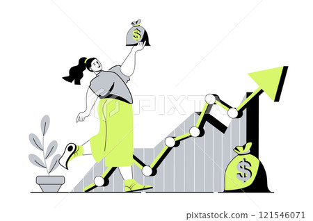 Business growth web concept with flat cartoon people for website design. Businesswoman analyzes financial statistics with data chart, getting profit increase, creating strategy. Vector illustration. Business growth web concept with flat cartoon people for website design. Businesswoman analyzes financial statistics with data chart, getting profit increase, creating strategy. Vector illustration. 121546071