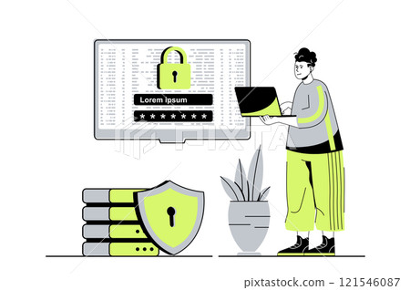Cyber security web concept with flat cartoon people for website design. Man getting access to personal internet account using password shield and online encryption secure system. Vector illustration. Cyber security web concept with flat cartoon people for website design. Man getting access to personal internet account using password shield and online encryption secure system. Vector illustration. 121546087
