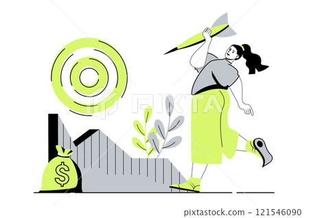 Business target web concept with flat cartoon people for website design. Woman following business strategy, aiming at target and achieving career ambitions and financial goals. Vector illustration. 121546090