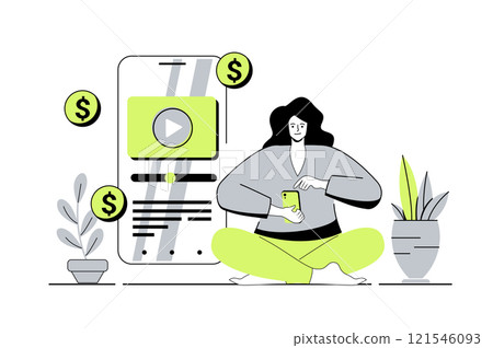 Video marketing web concept with flat cartoon people for website design. Woman creating and posting new video content with business promo, making online advertising campaign. Vector illustration. 121546093