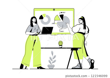 Teamwork web concept with flat cartoon people for website design. Colleagues discussing work financial data at presentation board, brainstorming and challenge collaboration. Vector illustration. 121546099