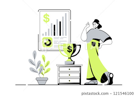 Business award web concept with flat cartoon people for website design. Woman achieving career goals and financial success and getting trophy cup, celebrating victory and result. Vector illustration. 121546100