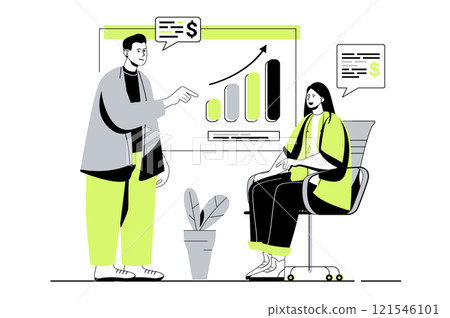 Business meeting web concept with flat cartoon people for website design. Man and woman discussing work tasks and financial report with presentation, planning marketing strategy. Vector illustration. 121546101