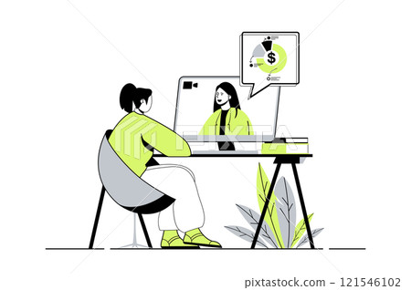 Business webinar web concept with flat cartoon people for website design. Woman watching online training video with business coach, learning and getting new professional skills. Vector illustration. Business webinar web concept with flat cartoon people for website design. Woman watching online training video with business coach, learning and getting new professional skills. Vector illustration. 121546102