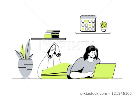 Freelance working web concept with flat cartoon people for website design. Woman working at laptop from home office, relaxing and doing job tasks online, making outsource work. Vector illustration. 121546103