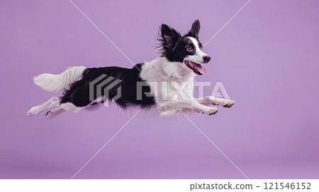 Energetic border collie dog jumping mid-air against purple background, capturing motion and joy 121546152