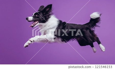 Energetic border collie dog jumping mid-air against purple background, capturing motion and joy 121546153