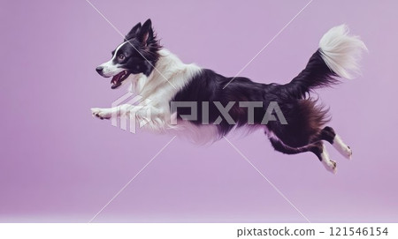Energetic border collie dog jumping mid-air against purple background, capturing motion and joy Energetic border collie dog jumping mid-air against purple background, capturing motion and joy 121546154