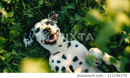 Happy dalmatian dog lying on green leaves with a big smile, enjoying nature and relaxation 121546170