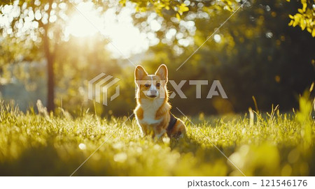 Corgi dog sitting on a grassy field in soft sunlight with a serene forest background, exuding charm and warmth Corgi dog sitting on a grassy field in soft sunlight with a serene forest background, exuding charm and warmth 121546176