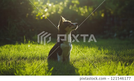 Small dog sitting attentively on a grassy field, illuminated by soft sunlight, surrounded by peaceful greenery 121546177