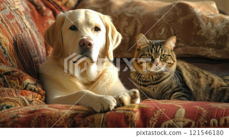 Golden retriever and tabby cat sitting closely together, showcasing friendship and warmth in a cozy indoor setting 121546180