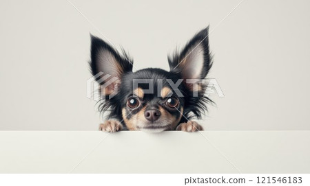 Cute chihuahua peeking over a white surface with wide eyes and perky ears, showcasing curiosity and charm 121546183