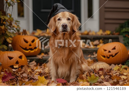 Golden retriever dressed as a witch with a hat, surrounded by jack-o'-lanterns and autumn leaves, celebrating Halloween 121546189