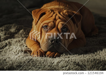 Shar Pei dog resting on a soft gray blanket, showcasing its wrinkled face and soulful eyes in warm lighting Shar Pei dog resting on a soft gray blanket, showcasing its wrinkled face and soulful eyes in warm lighting 121546194