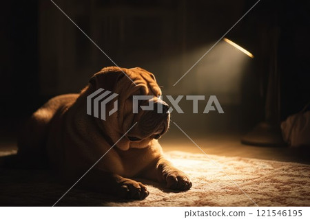 Shar Pei dog resting under a warm spotlight, showcasing its wrinkled face and calm demeanor in a dimly lit room Shar Pei dog resting under a warm spotlight, showcasing its wrinkled face and calm demeanor in a dimly lit room 121546195