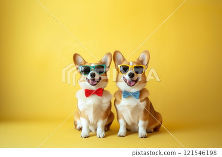 Two stylish corgis wearing colorful sunglasses and bow ties, posing together against a bright yellow background 121546198