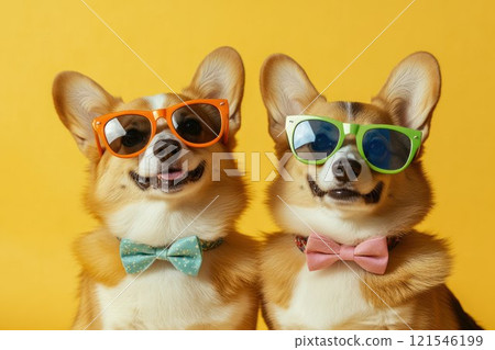 Two stylish corgis wearing colorful sunglasses and bow ties, posing together against a bright yellow background 121546199