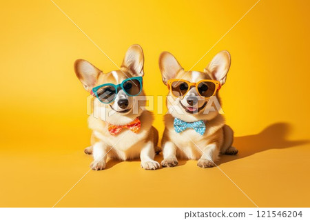Two stylish corgis wearing colorful sunglasses and bow ties, posing together against a bright yellow background Two stylish corgis wearing colorful sunglasses and bow ties, posing together against a bright yellow background 121546204