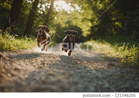 Two dachshunds running joyfully on a forest path, surrounded by sunlight and greenery, radiating energy and happiness 121546205