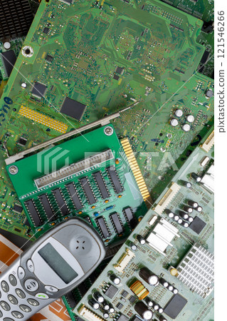Top-Down View of Circuit Boards and Discarded Mobile Phone Top-Down View of Circuit Boards and Discarded Mobile Phone 121546266