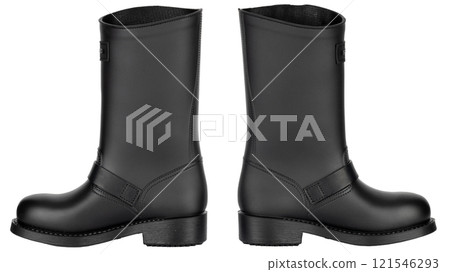 Side View of Two Black Leather Boots 121546293