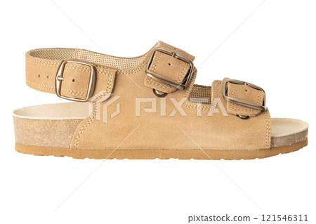 Side View of Tan Suede Sandal with Buckles 121546311