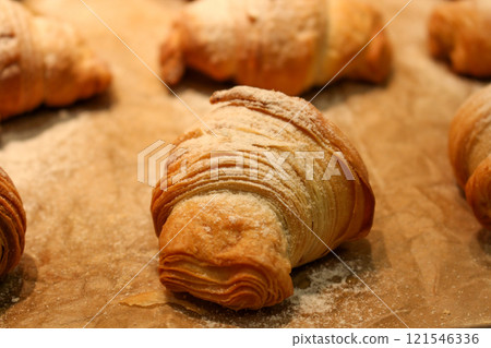 puff pastry croissant with chocolate. homemade baking 121546336
