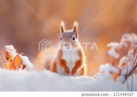 Red Squirrel in winter in snow 121546587