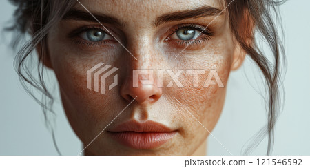 Close-up portrait of woman with blue eyes and freckles 121546592
