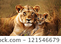 Close up of a female lion with a cub 121546679