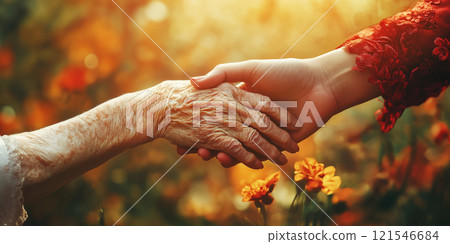 Older female and young woman holding hands 121546684