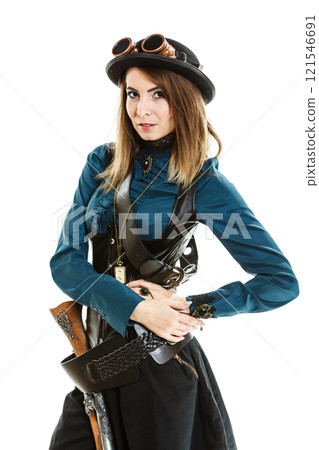 steampunk woman with gun studio shot. 121546691