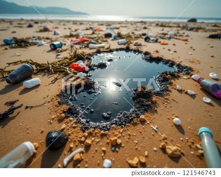 Pollution affects the beach as debris and waste cover the sand, creating an environmental crisis 121546743