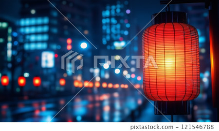 Red lanterns illuminate night street in urban cityscape with bokeh background. Chinese Lantern Festival 121546788