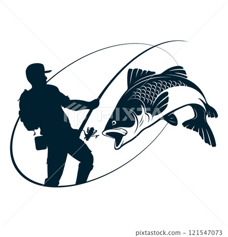 Fisherman with a fishing rod and a big fish on the line, symbol for fishing Fisherman with a fishing rod and a big fish on the line, symbol for fishing 121547073